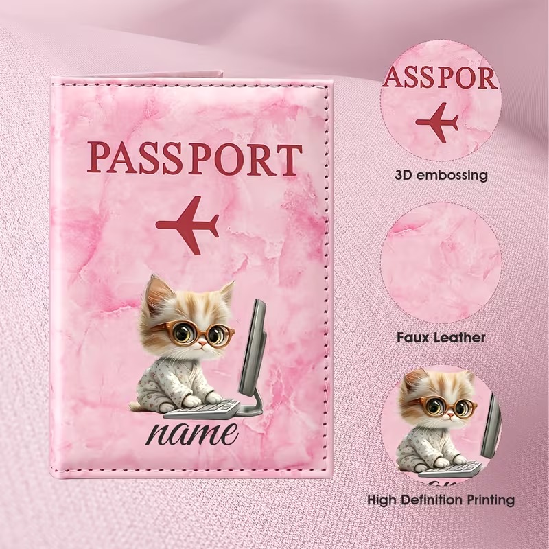 Laptop Accessories Name - パーソナライズされたカスタム名入りのかわいい猫イラストデザインのパスポートホルダー。愛らしい猫とラップトップの要素が特徴です。