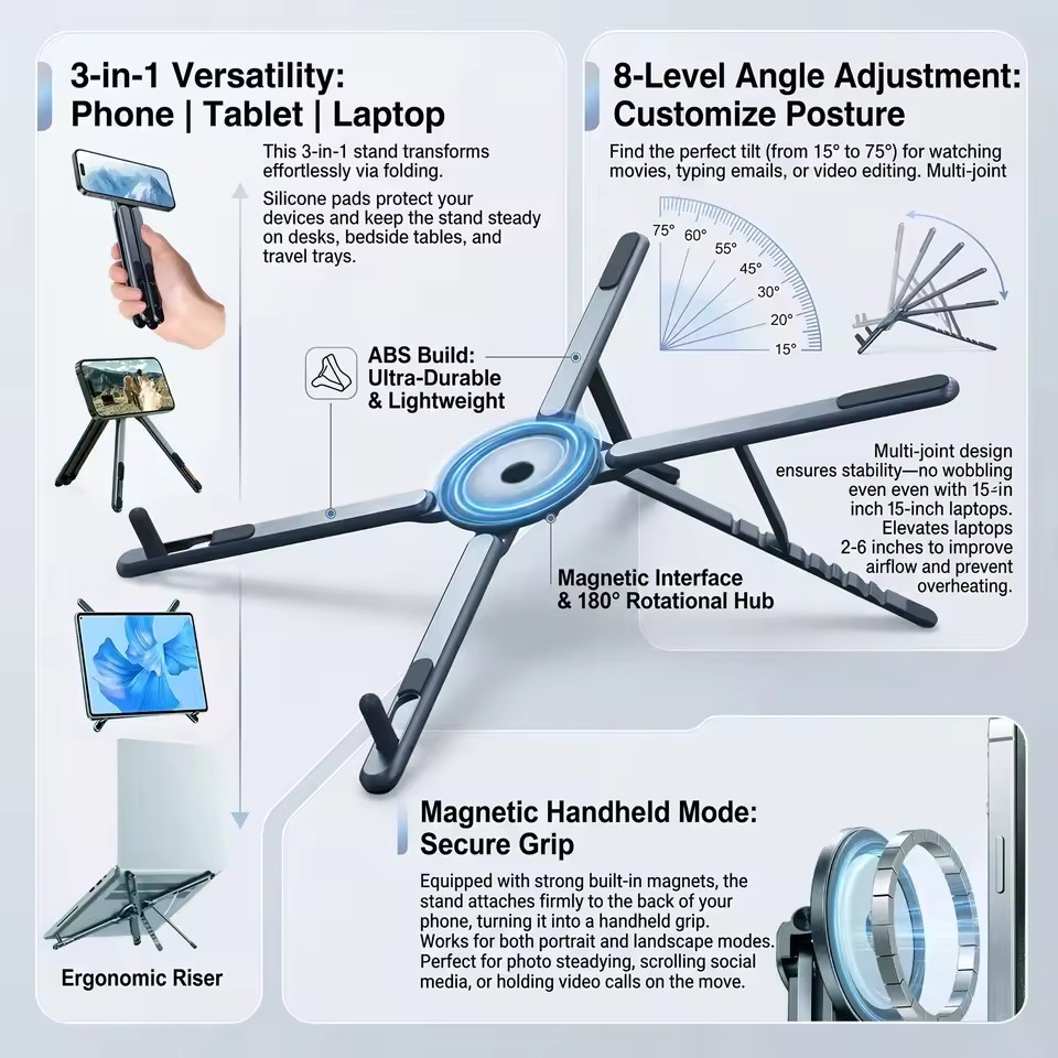 Laptop Ergonomic Accessories - 携帯電話用マグネット式ホルダー＆自撮り棒 3-in-1 折りたたみ式三脚スタンド iPhone、iPad、タブレット、ノートパソコン、デスクトップ用