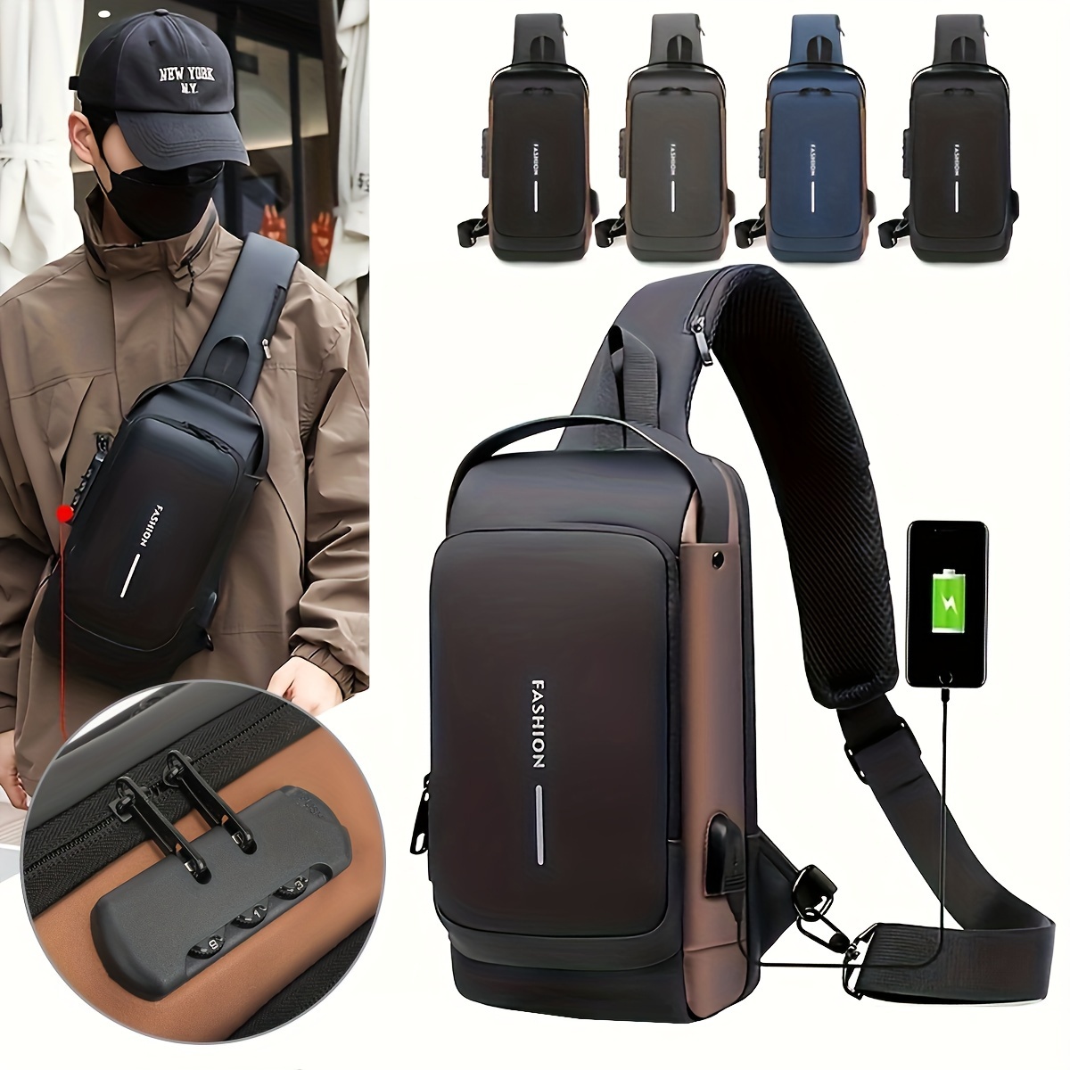 Laptop Backpack Anti Theft - パスワードロック盗難防止メンズバッグメンズチェストバッグカジュアルスポーツ小型バックパックショルダークロスボディバッグオートバイバッグ