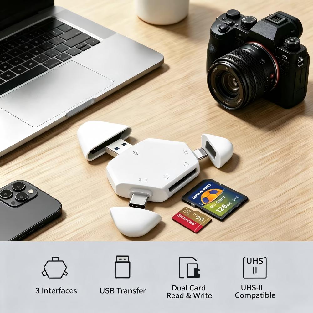 Laptop Ergonomic Accessories - 3in1メモリカードリーダー、三角形磁気キャップ付き、USB-C、USB、Lightningポート対応、TF/SDカード対応、PC、ラップトップ、MacBook、スマートフォン用