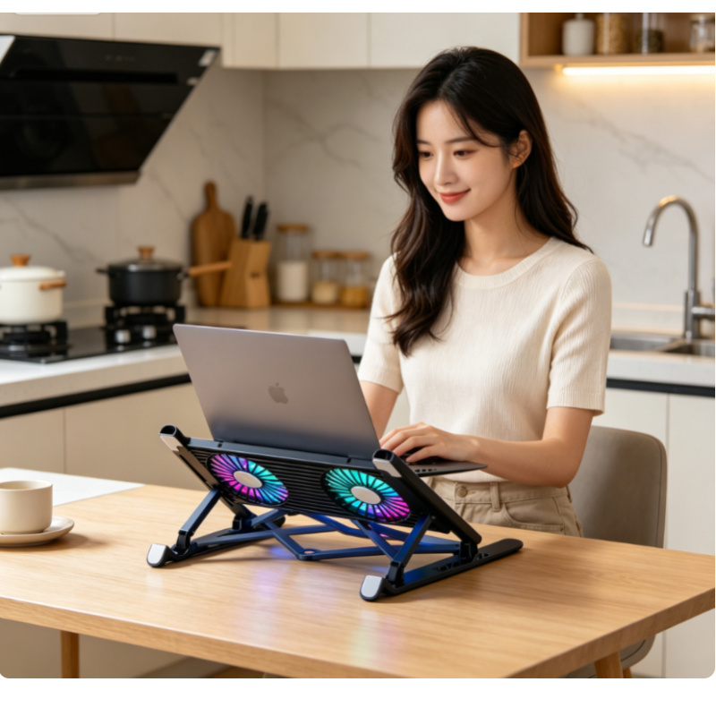Laptop Ergonomic Accessories - 新しいノートパソコンクーラーベーススタンド折りたたみ式ノートパソコン冷却パッドポータブル調整可能なノートブックスタンド13-17.3インチ用4ファン付き