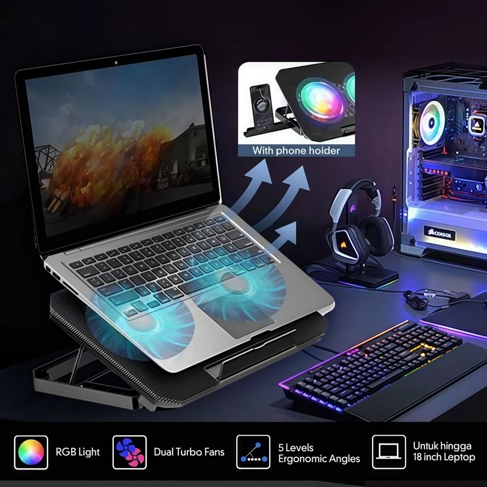 2つのファン搭載RGBノートパソコンクーラー、スマホホルダー - Laptop Accessories Cooling Pad のレビューと価格